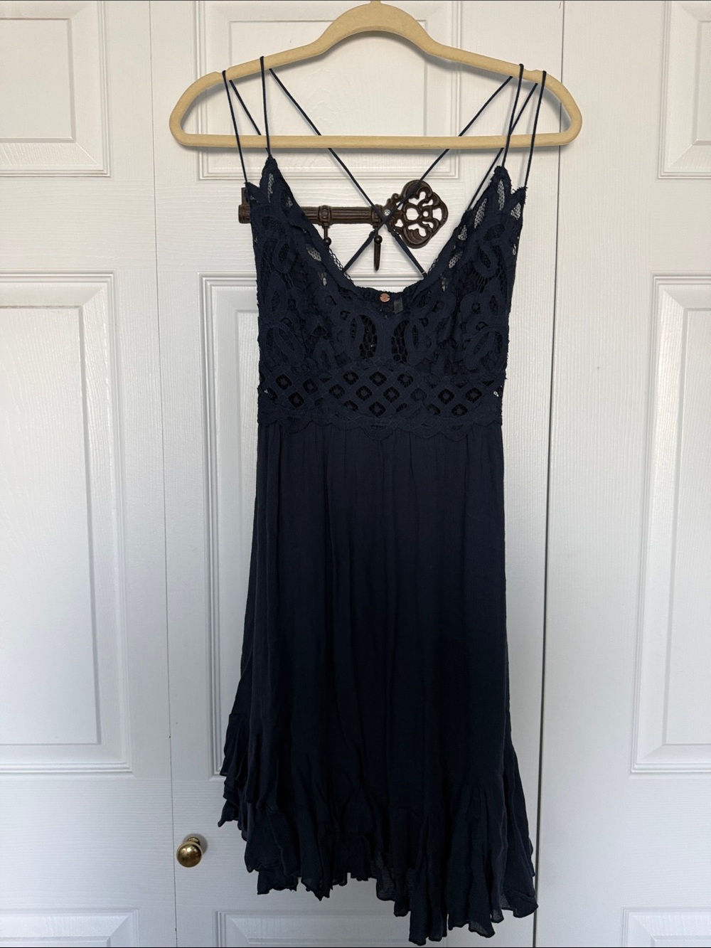 Lace-Bodice Navy Spaghetti-Strap Mini Dress